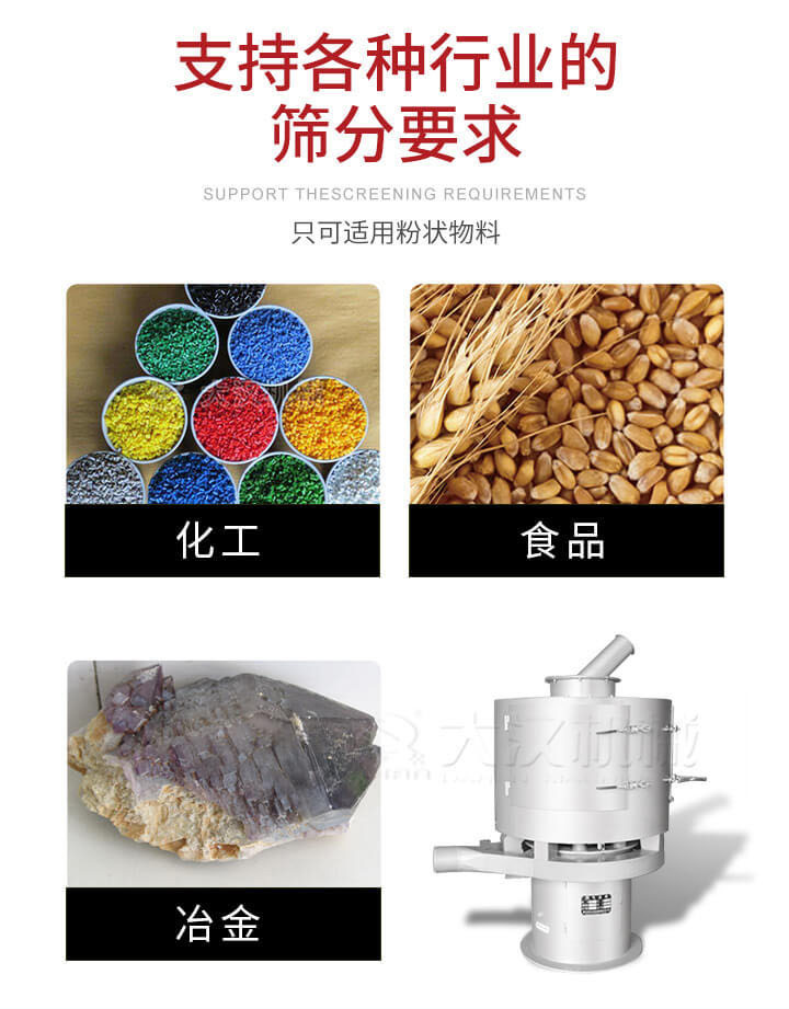 氣流篩用于礦粉，石墨粉，活性納米碳酸鈣，鋁灰，大豆粉，碳酸重鈣，石墨粉，木粉，干草，重金石粉，藥粉末，橡膠顆粒，草酸鹽，干料粉，木粉，聚酯粉，干粉，塑料，金屬粉末，橡膠粉，粉煤灰，石墨粉，陶瓷粉，鋅粉，石英粉，石灰粉，鐵粉，金屬硅粉等。